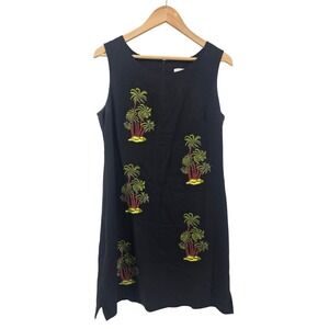 Ultra Dress Linen Dress Womens 10 Palm Tree Embroidery Black Sleeveless EUC